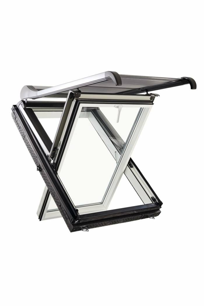 Designo R4 - Fenêtres à rotation manuelle en PVC avec Volet Ouvert par Déclic & Toit